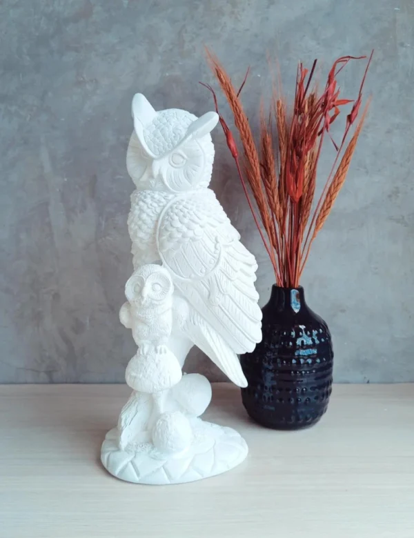 Coruja de Gesso com Filhote 3d Decorativa  para Pintar